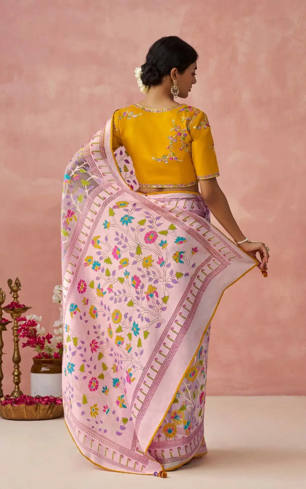 Organza Pink Saree with Printed & Piping Work – Festive Special