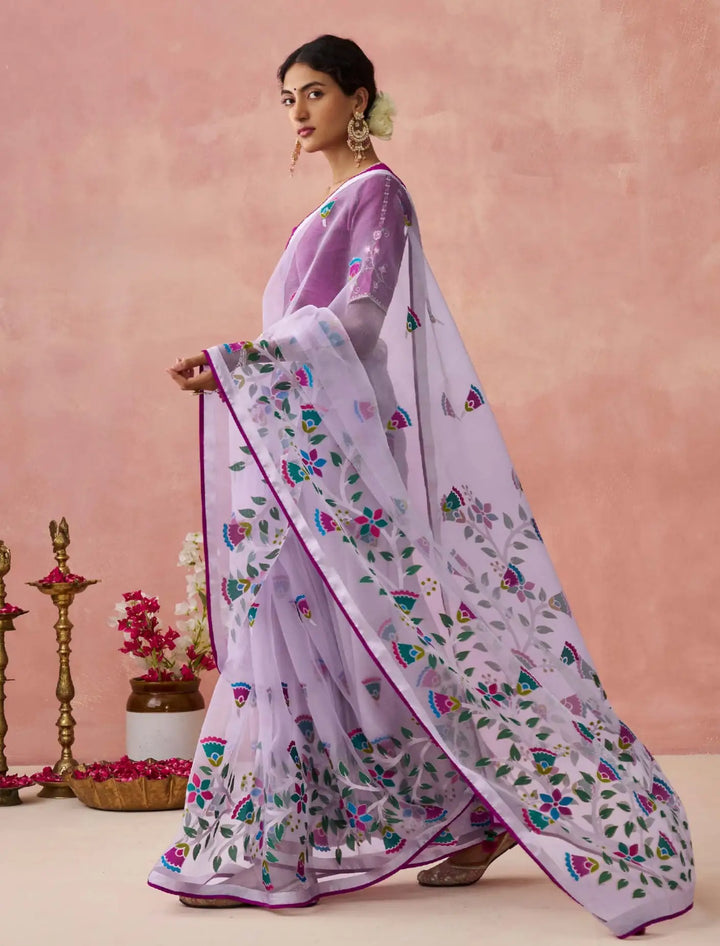 Lavender Organza Saree with Silk Blouse – Graceful & Trendy