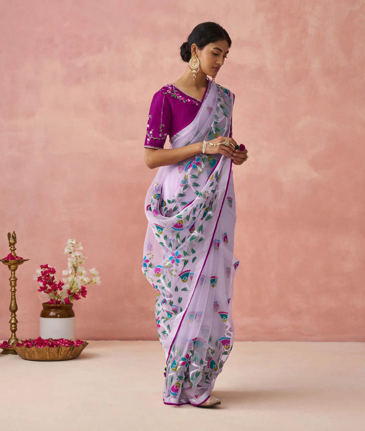 Lavender Organza Saree with Silk Blouse – Graceful & Trendy