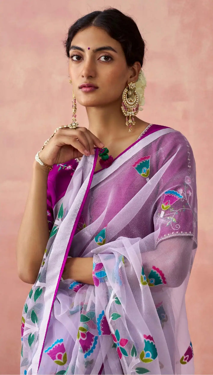 Lavender Organza Saree with Silk Blouse – Graceful & Trendy