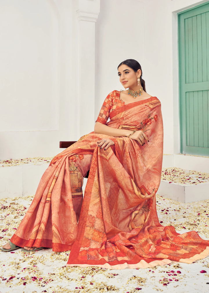 Orange Natural Silk Viscose Saree with Pure Jacquard Zari Work for Festive Wear