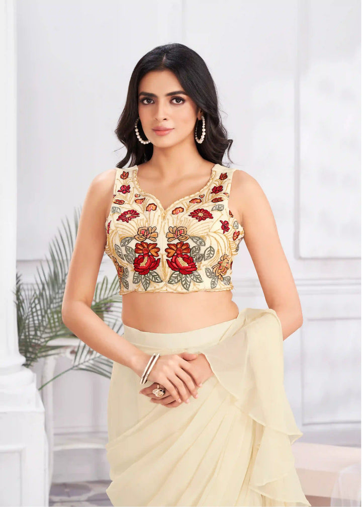 Exquisite Cream Satin Silk Saree with Fancy Blouse & Unique Handwork