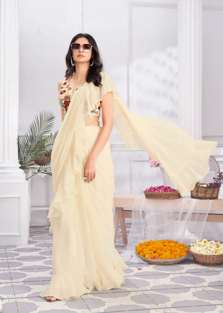 Exquisite Cream Satin Silk Saree with Fancy Blouse & Unique Handwork