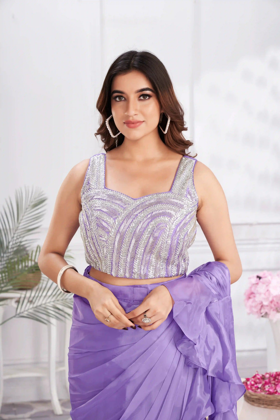 Stylish Lavender Satin Silk Saree with Elegant Handwork & Fancy Blouse