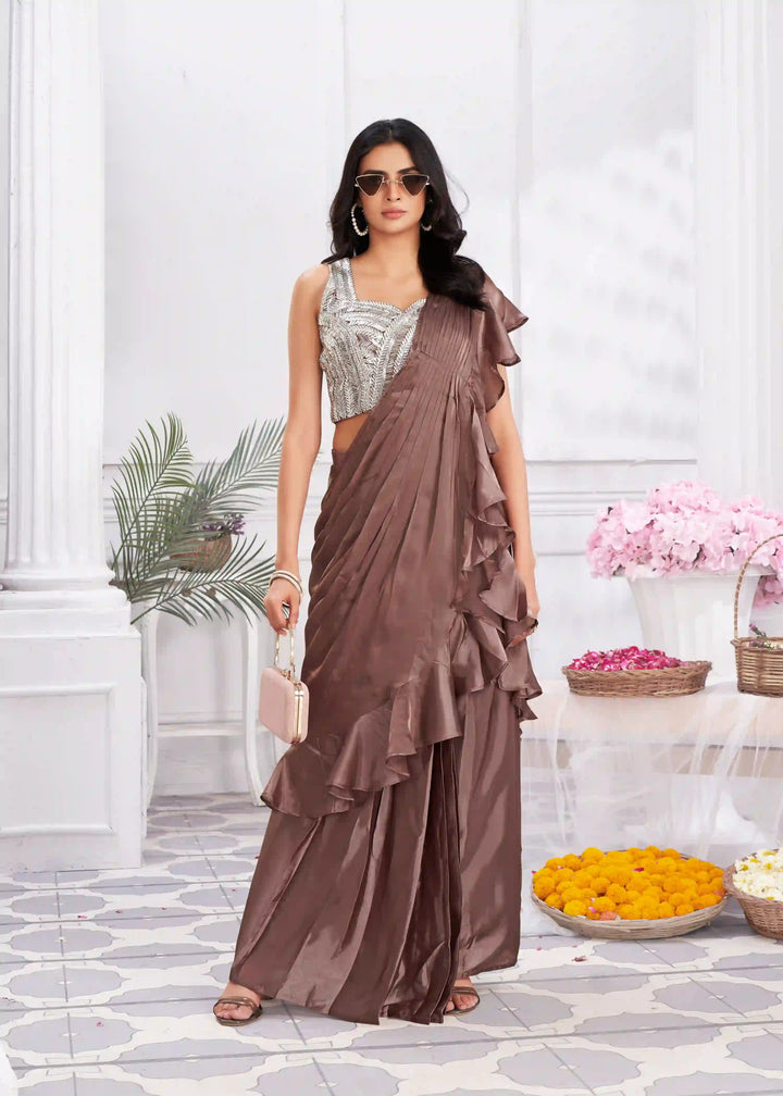 Charming Coffee Satin Silk Saree with Fancy Blouse & Embroidery