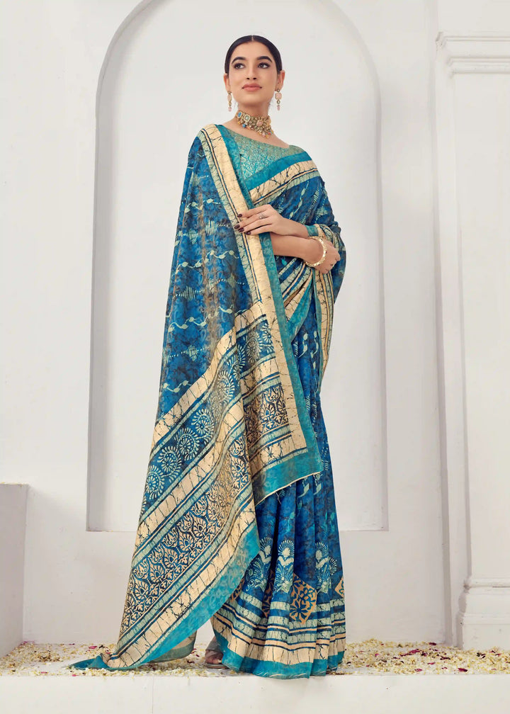 Teal Blue Silk Viscose Saree with Pure Jacquard Zari Work