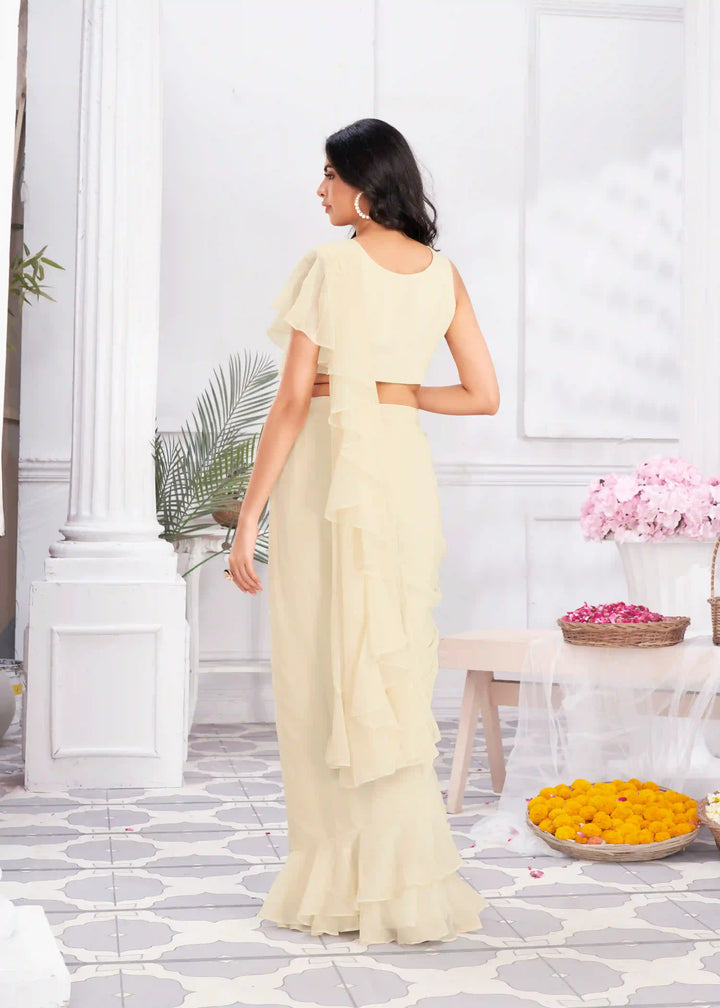 Exquisite Cream Satin Silk Saree with Fancy Blouse & Unique Handwork