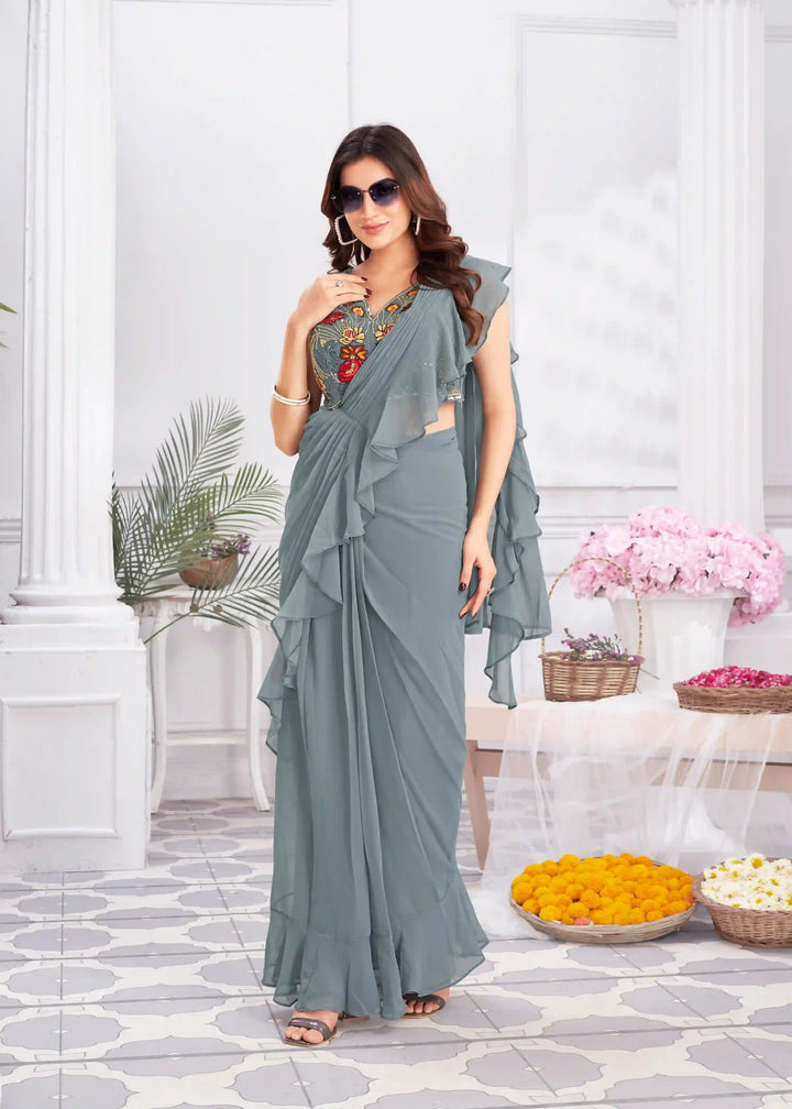 Trendy Satin Silk Gray Saree with Designer Hand Work