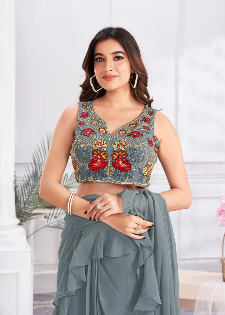 Trendy Satin Silk Gray Saree with Designer Hand Work