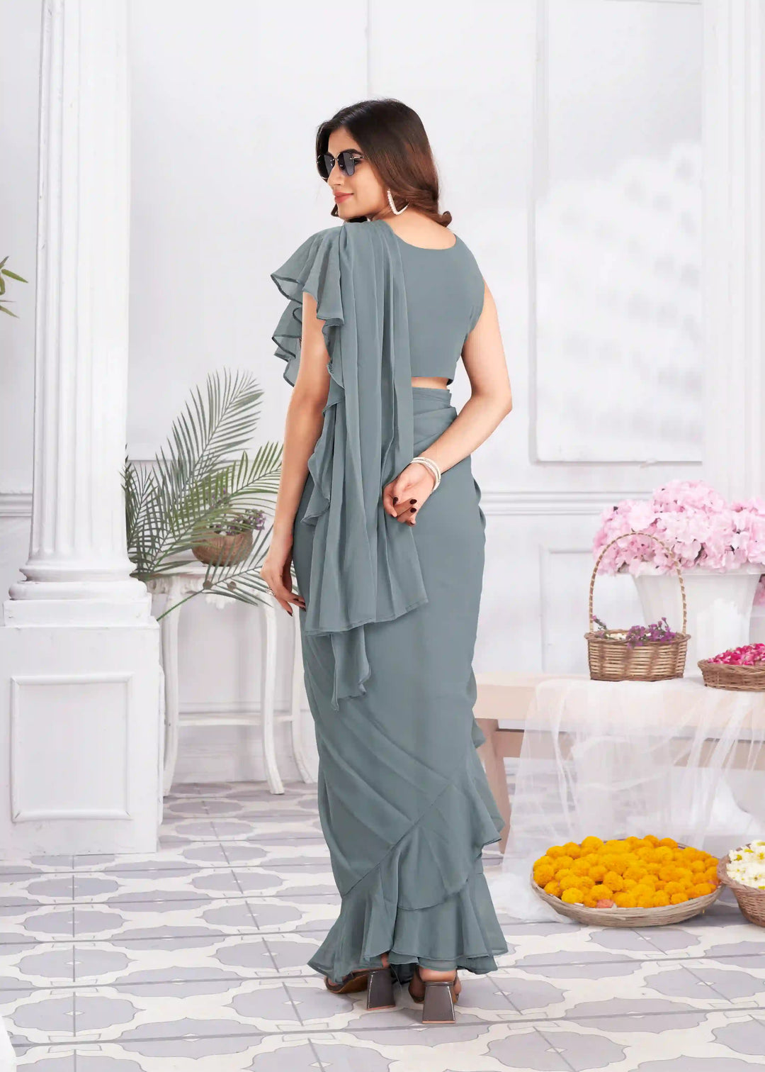 Trendy Satin Silk Gray Saree with Designer Hand Work
