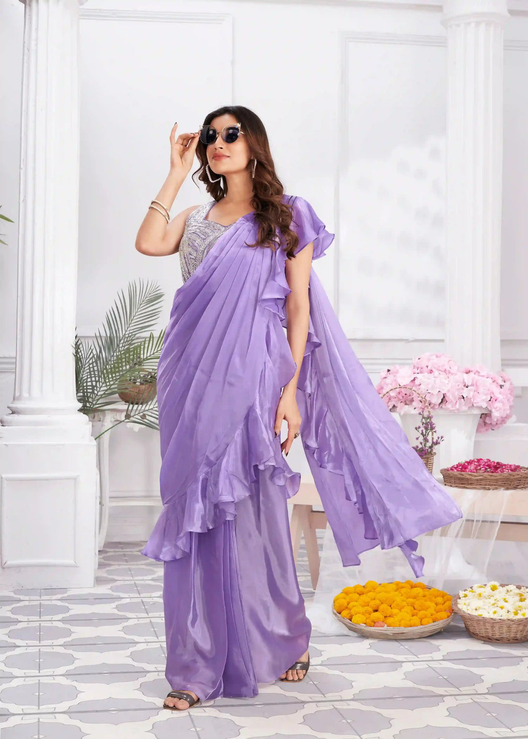 Stylish Lavender Satin Silk Saree with Elegant Handwork & Fancy Blouse