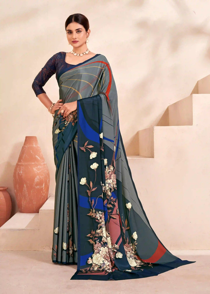 Gray Crape Silk Saree with Digital Prints Casual Wear Saree