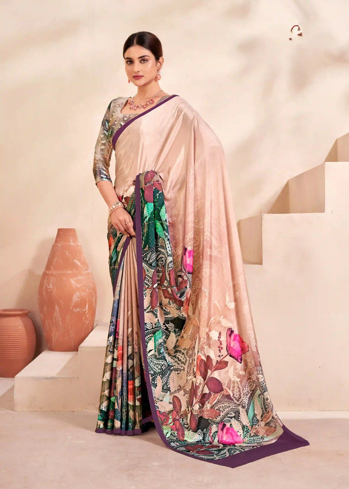 Beige Crape Silk Saree with Abstract Prints Modern Daily Wear