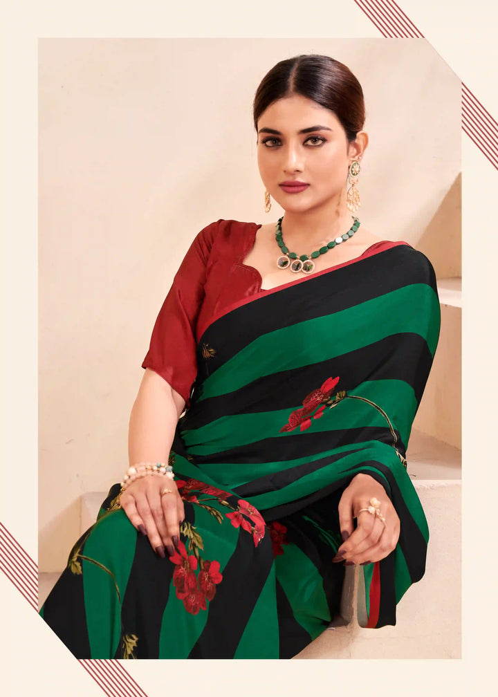 Stylish Dark Green Saree Crape Silk Abstract Print for Casual Wear