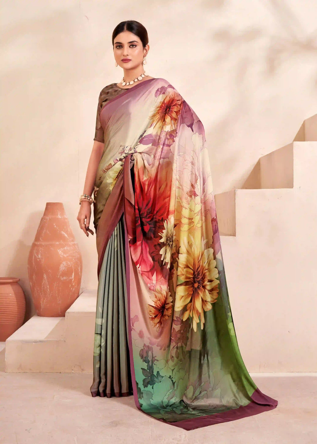 Stylish Multicolor Crape Silk Saree with Abstract Print Casual Wear