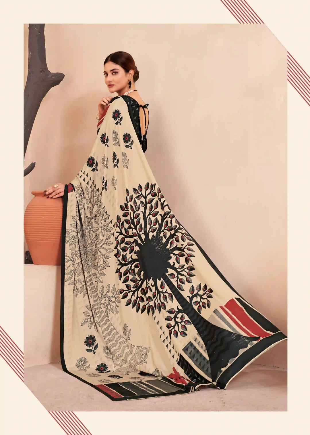 Printed Multicolor Crape Saree with Blouse Lightweight & Trendy