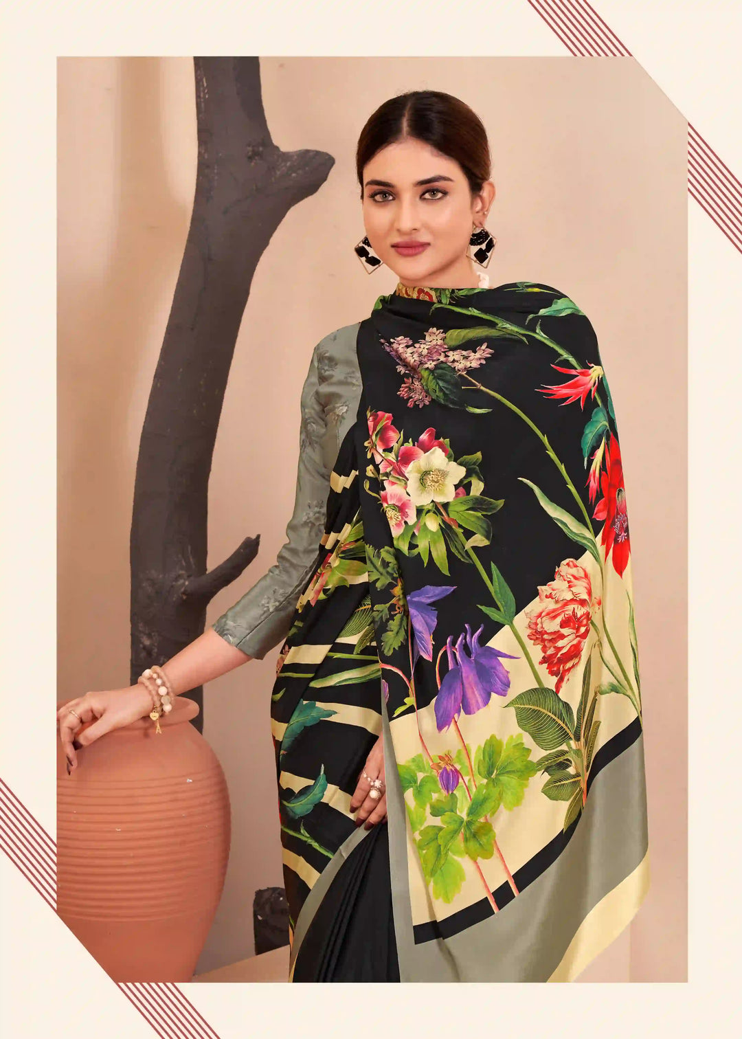 Black Soft Silk Crape Saree with Digital Prints for Casual Wear