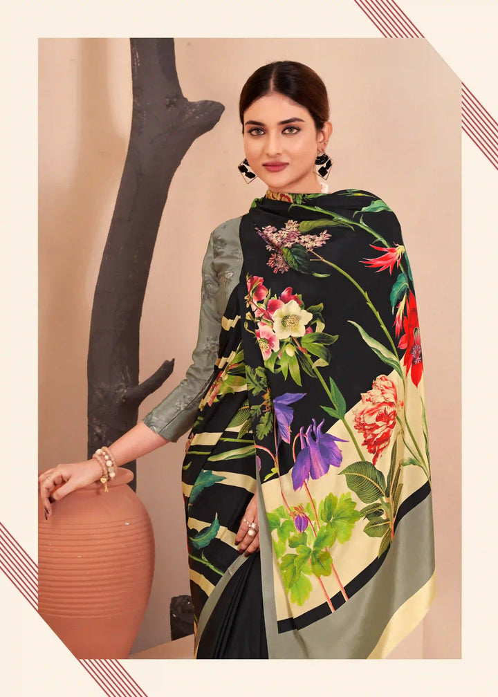 Black Soft Silk Crape Saree with Digital Prints for Casual Wear