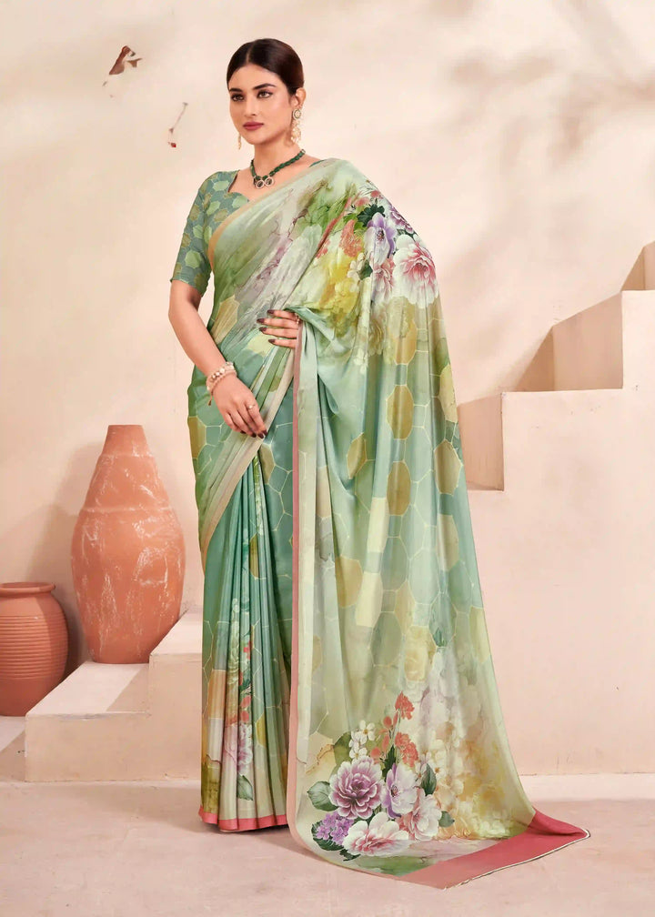 Sea Green Soft Crape Saree Modern Abstract Print for Daily Wear