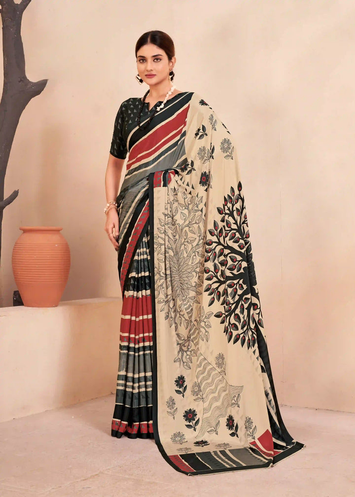 Printed Multicolor Crape Saree with Blouse Lightweight & Trendy
