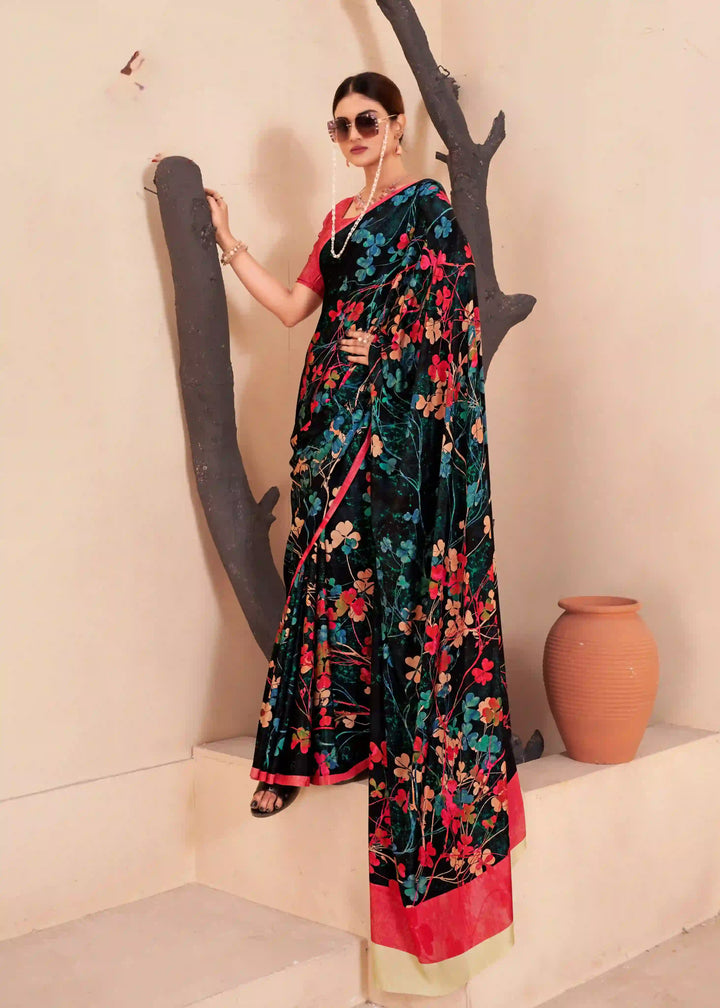 Black Crape Silk Saree with Abstract Print Casual Wear Saree