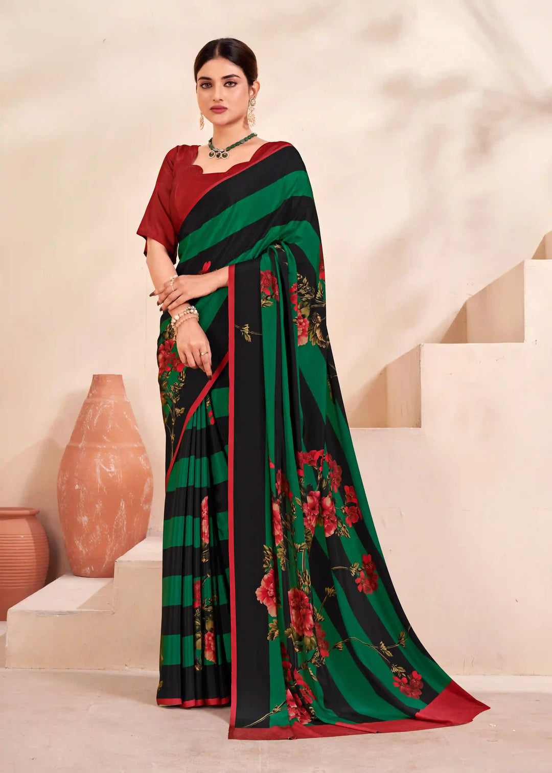 Stylish Dark Green Saree Crape Silk Abstract Print for Casual Wear