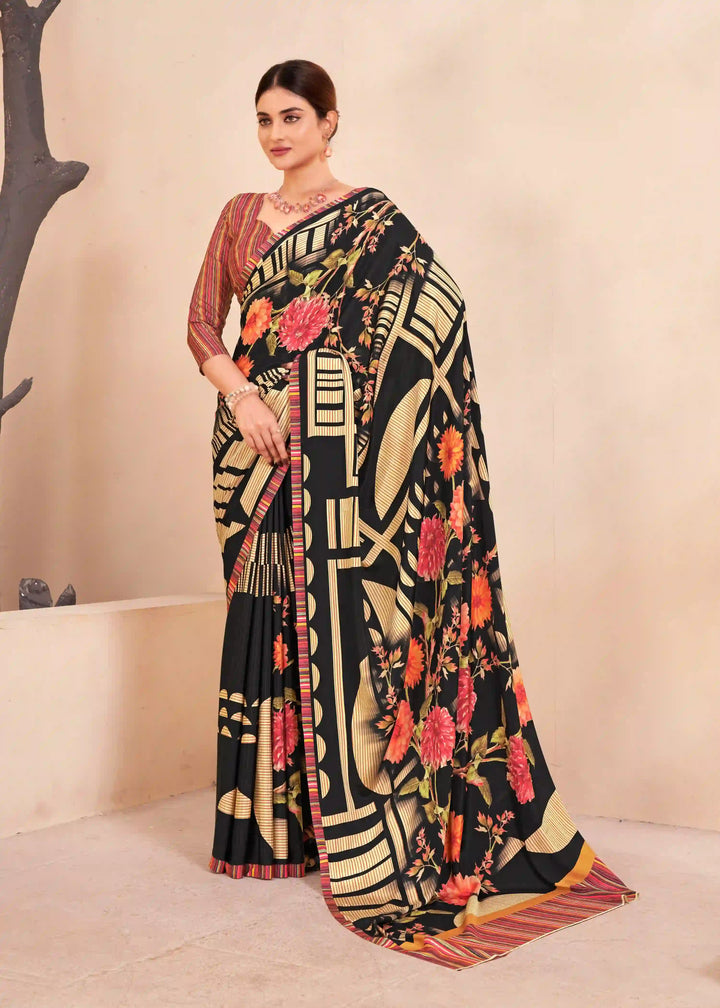 Black Crape Silk Saree with Abstract Print Casual Wear