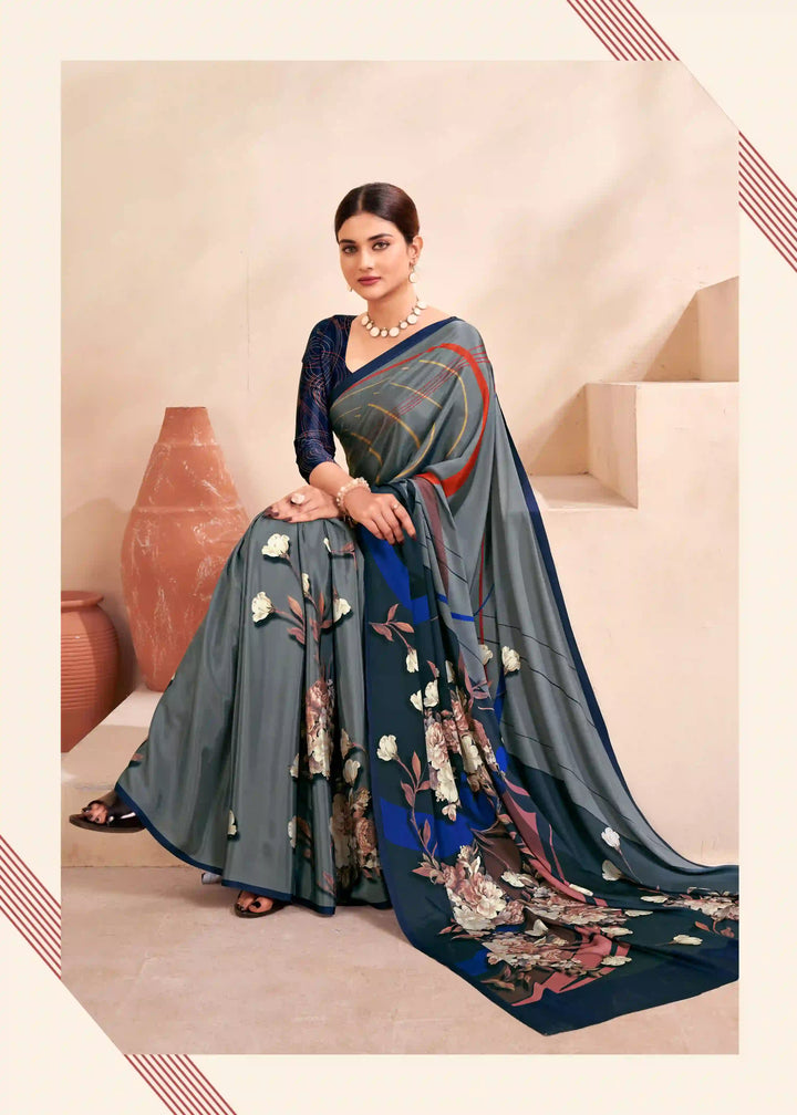 Gray Crape Silk Saree with Digital Prints Casual Wear Saree