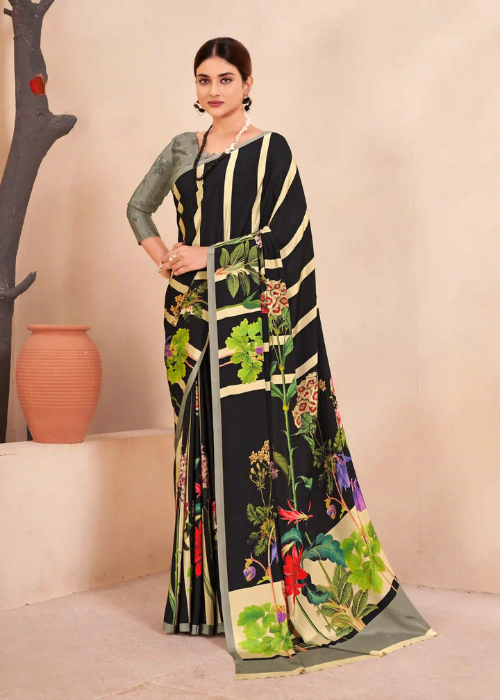 Black Soft Silk Crape Saree with Digital Prints for Casual Wear