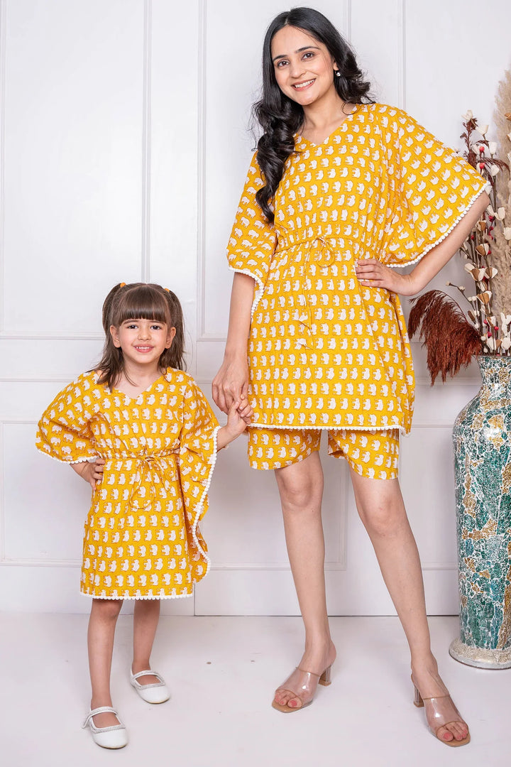 Mommy & Me Matching Set: Mustard Rabbit Kaftan & Shorts