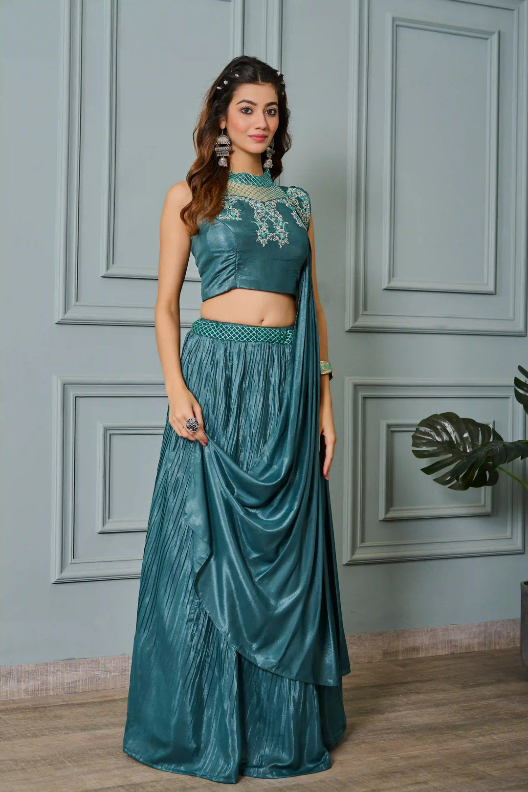Teal Crepe Lehenga with Embroidered Blouse & Dupatta