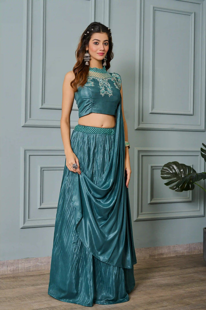 Teal Crepe Lehenga with Embroidered Blouse & Dupatta