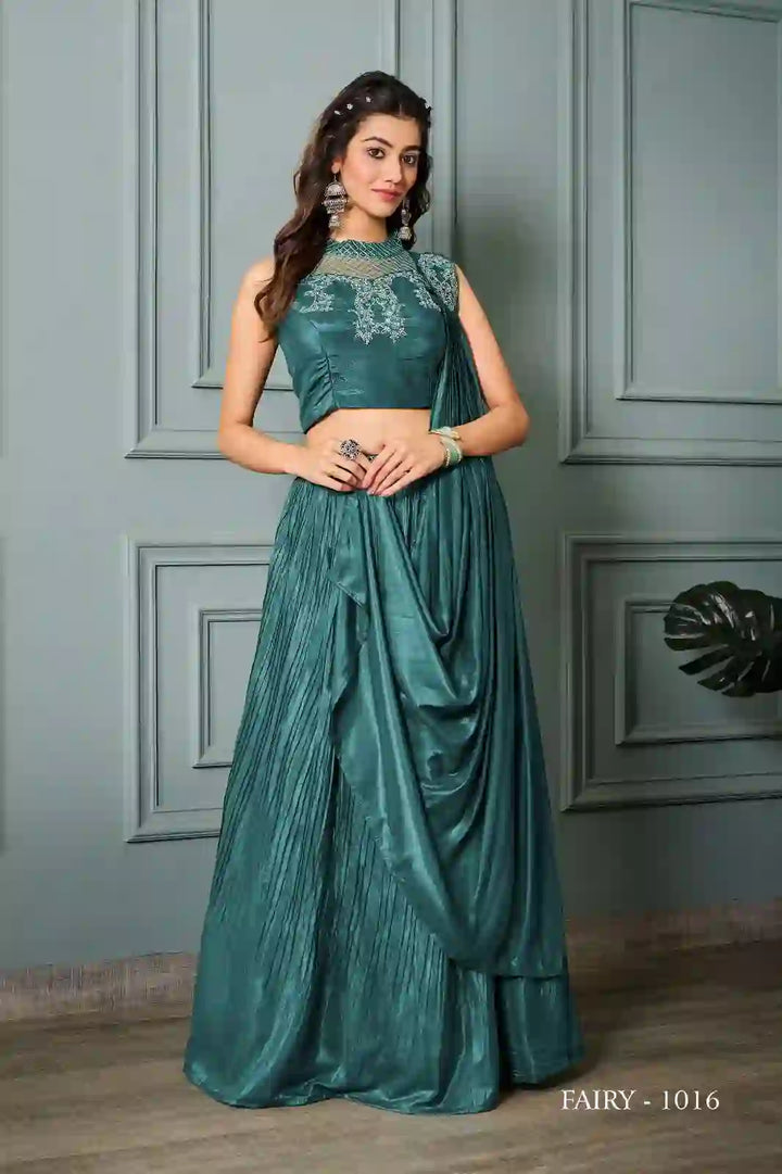 Teal Crepe Lehenga with Embroidered Blouse & Dupatta