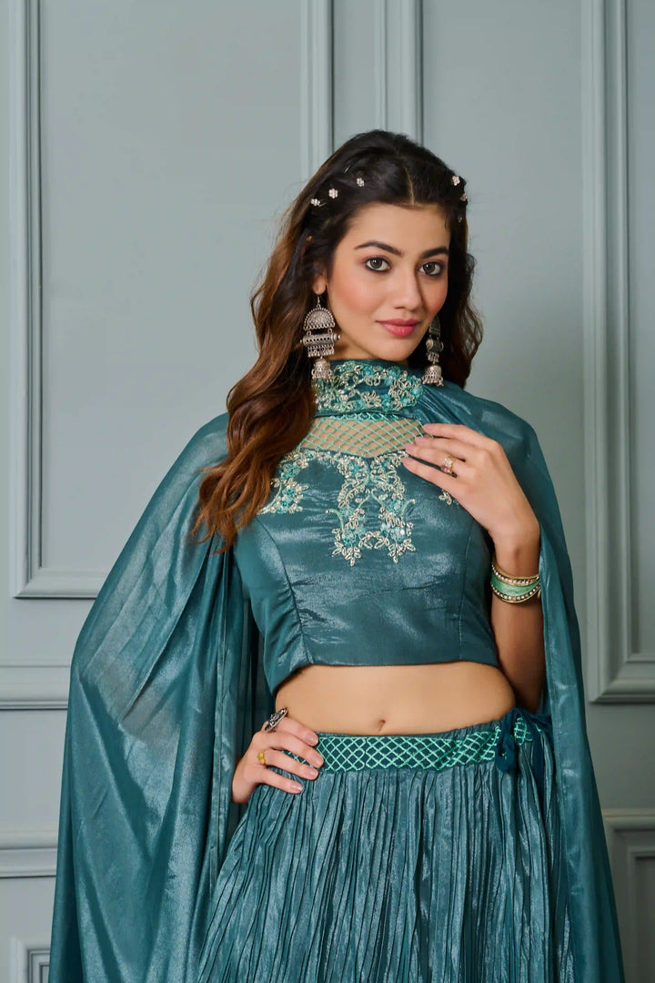 Teal Crepe Lehenga with Embroidered Blouse & Dupatta