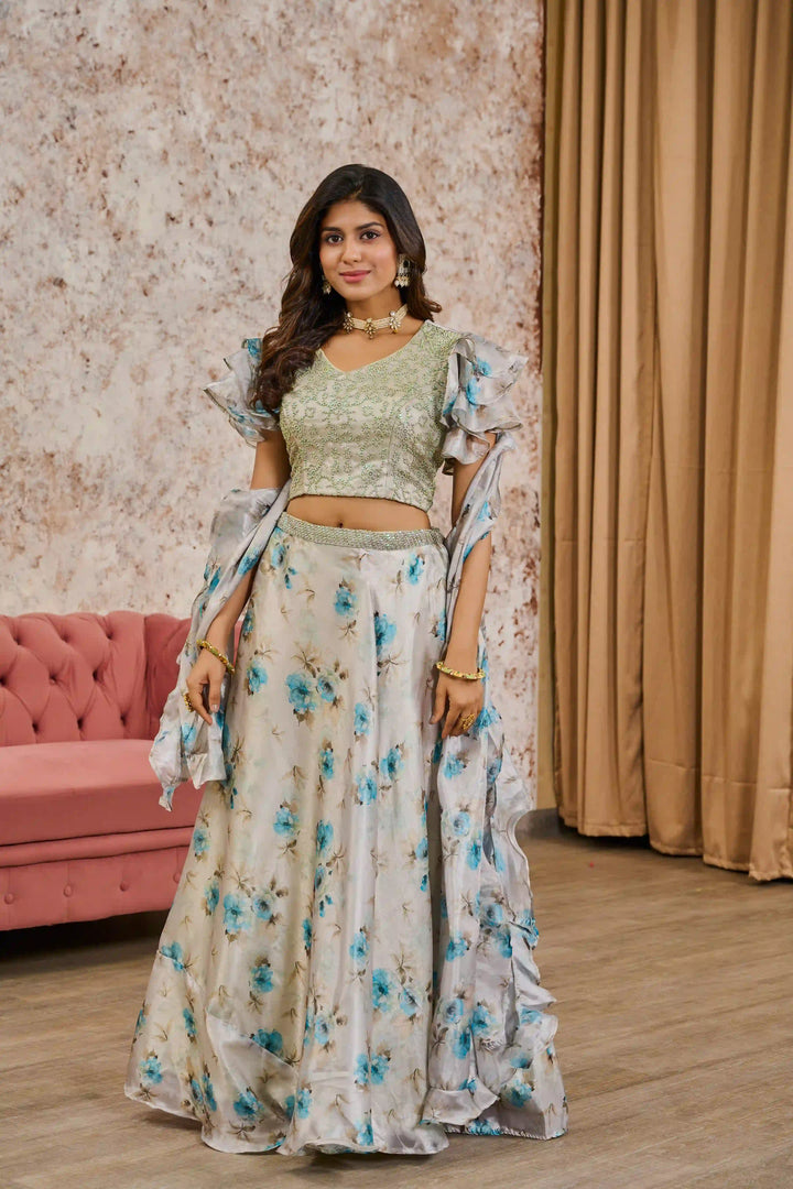 Elegant Crepe Lehenga with Blouse & Tissue Dupatta