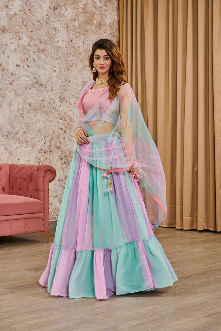 Vibrant Crepe Lehenga with Embroidered Tissue Dupatta