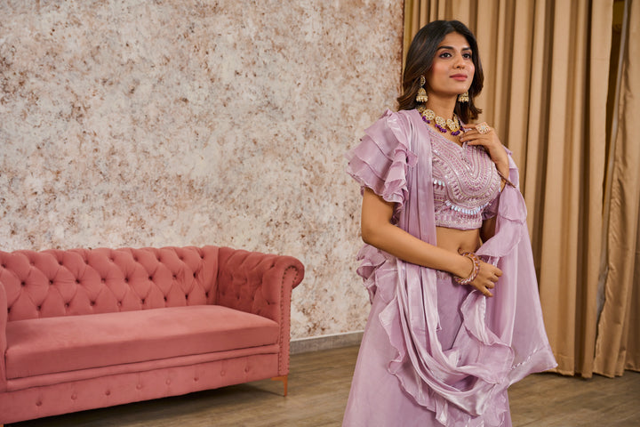 Stylish Lavender Lehenga with Embroidered Blouse & Dupatta Set