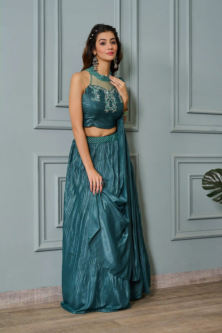 Teal Crepe Lehenga with Embroidered Blouse & Dupatta
