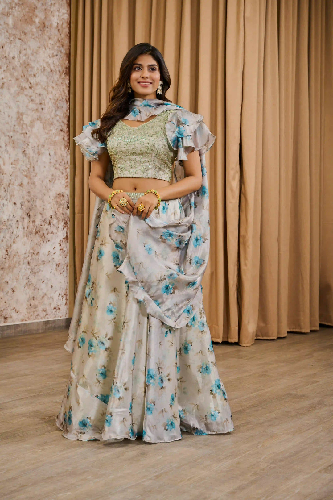 Elegant Crepe Lehenga with Blouse & Tissue Dupatta