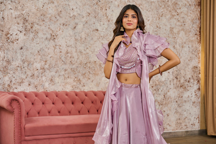 Stylish Lavender Lehenga with Embroidered Blouse & Dupatta Set