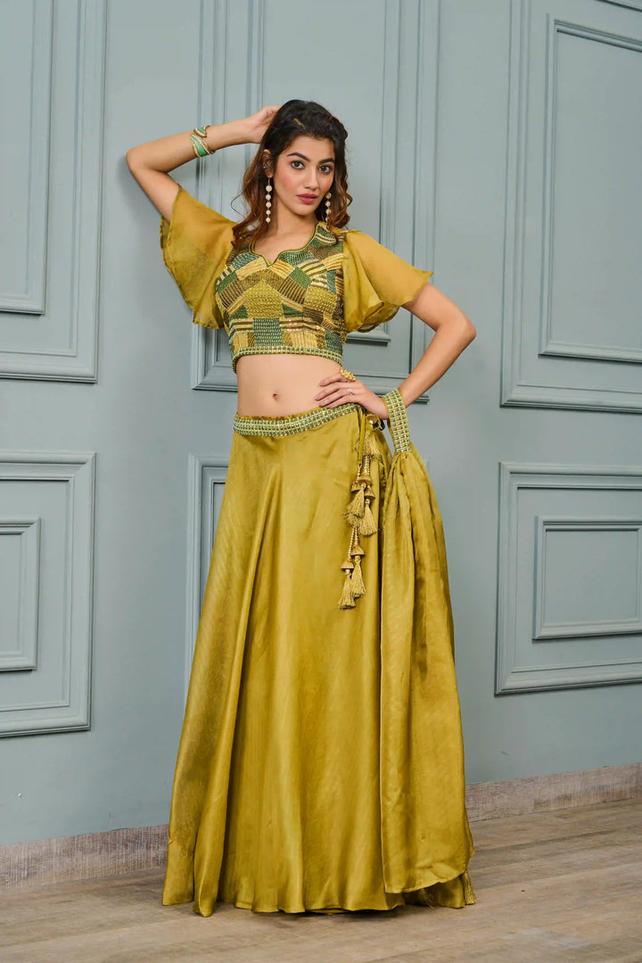 Luxury Sequins Embroidered Lehenga with Dupatta & Blouse – Mustard Georgette