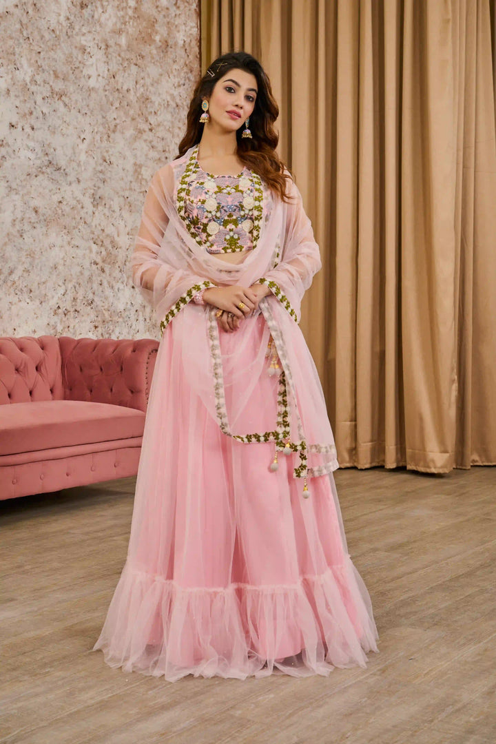 Gorgeous Rose Pink Lehenga with Crepe Blouse & Tissue Dupatta
