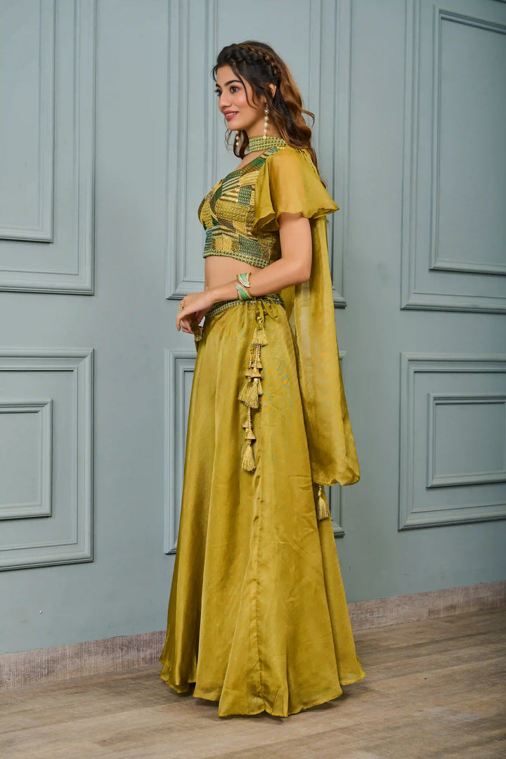 Luxury Sequins Embroidered Lehenga with Dupatta & Blouse – Mustard Georgette