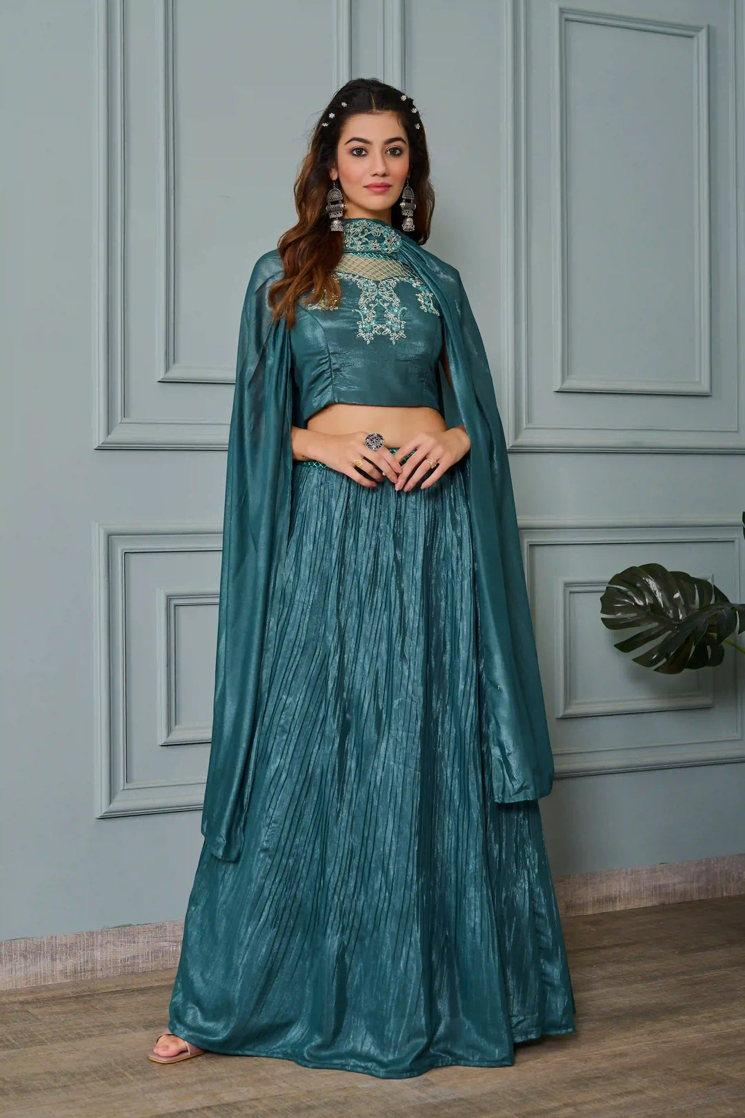Teal Crepe Lehenga with Embroidered Blouse & Dupatta