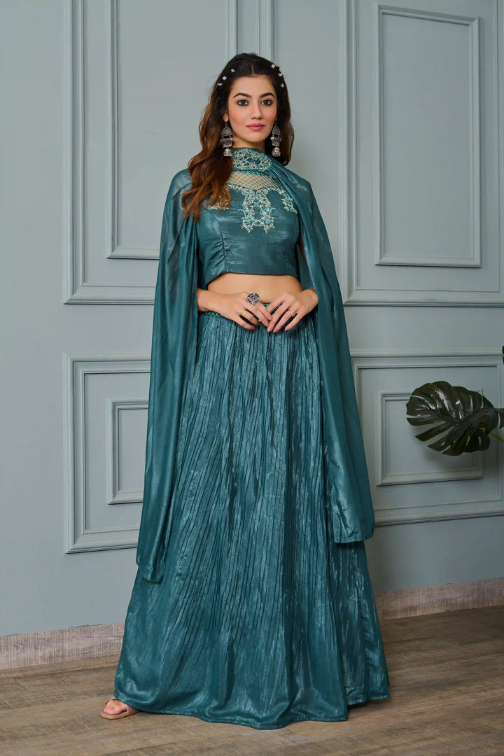 Teal Crepe Lehenga with Embroidered Blouse & Dupatta