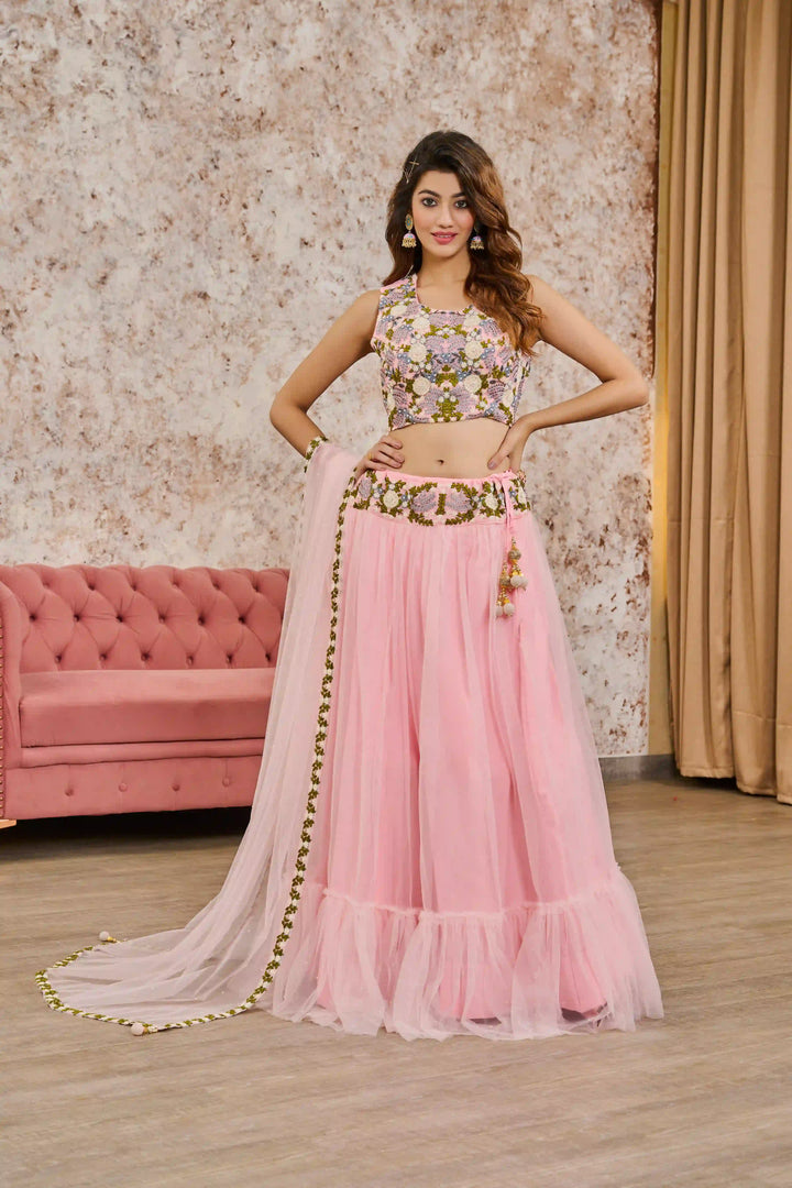 Gorgeous Rose Pink Lehenga with Crepe Blouse & Tissue Dupatta