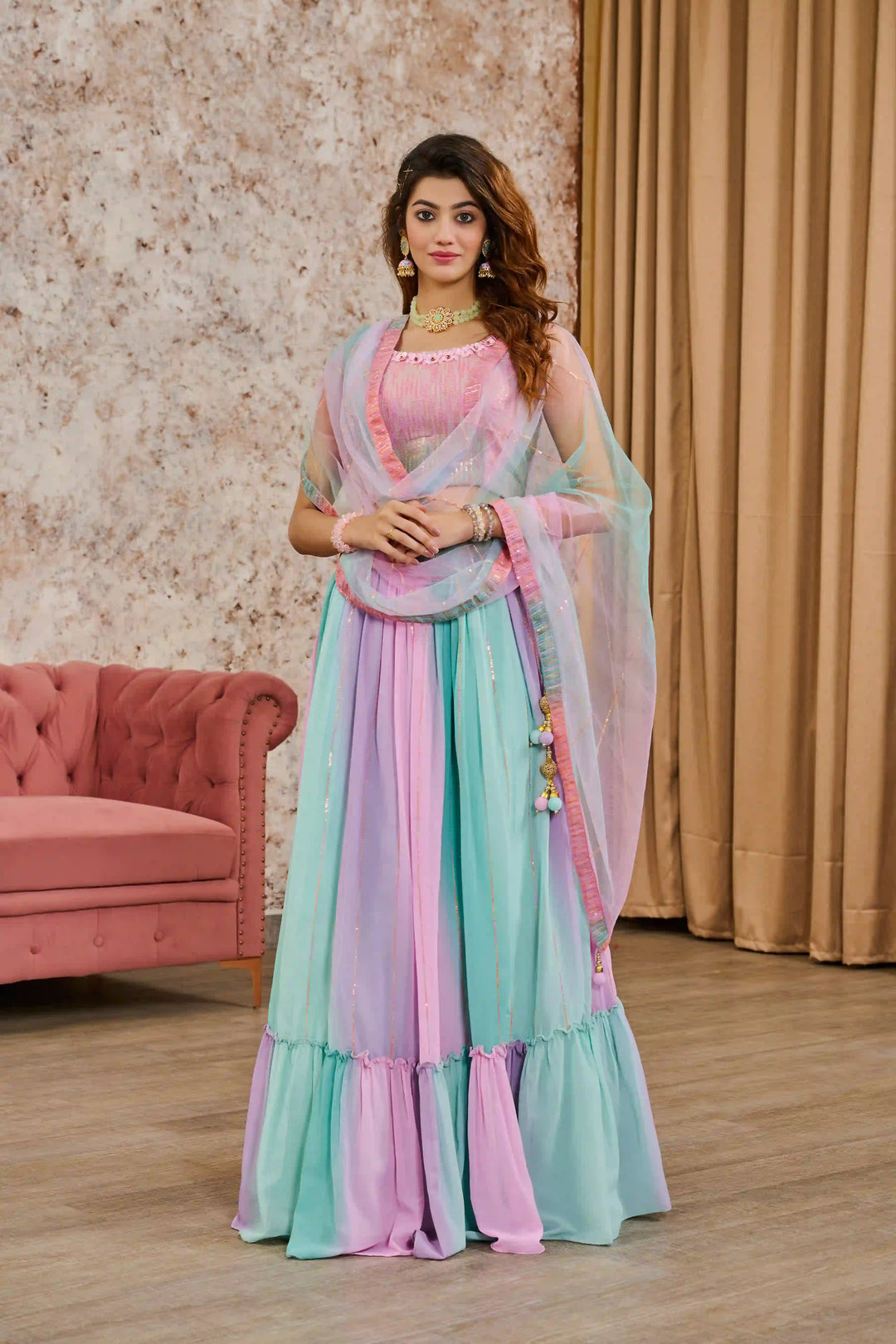 Vibrant Crepe Lehenga with Embroidered Tissue Dupatta