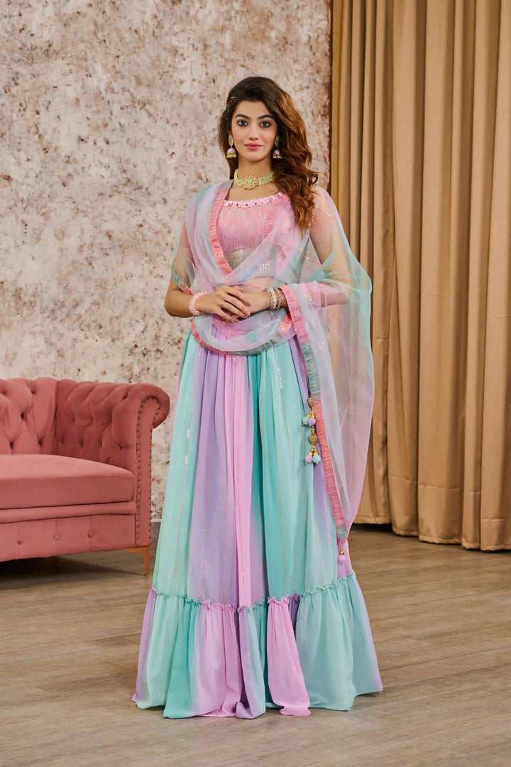 Vibrant Crepe Lehenga with Embroidered Tissue Dupatta