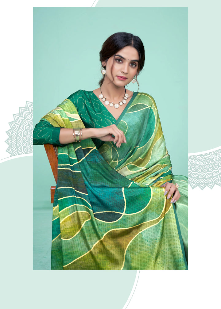 Beautiful Digital Printed Green Saree in Soft Crepe Fabric
