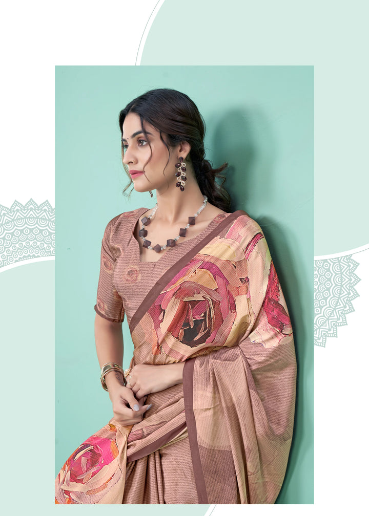 Digital Printed Dusty Pink Saree in Soft Crepe Fabric